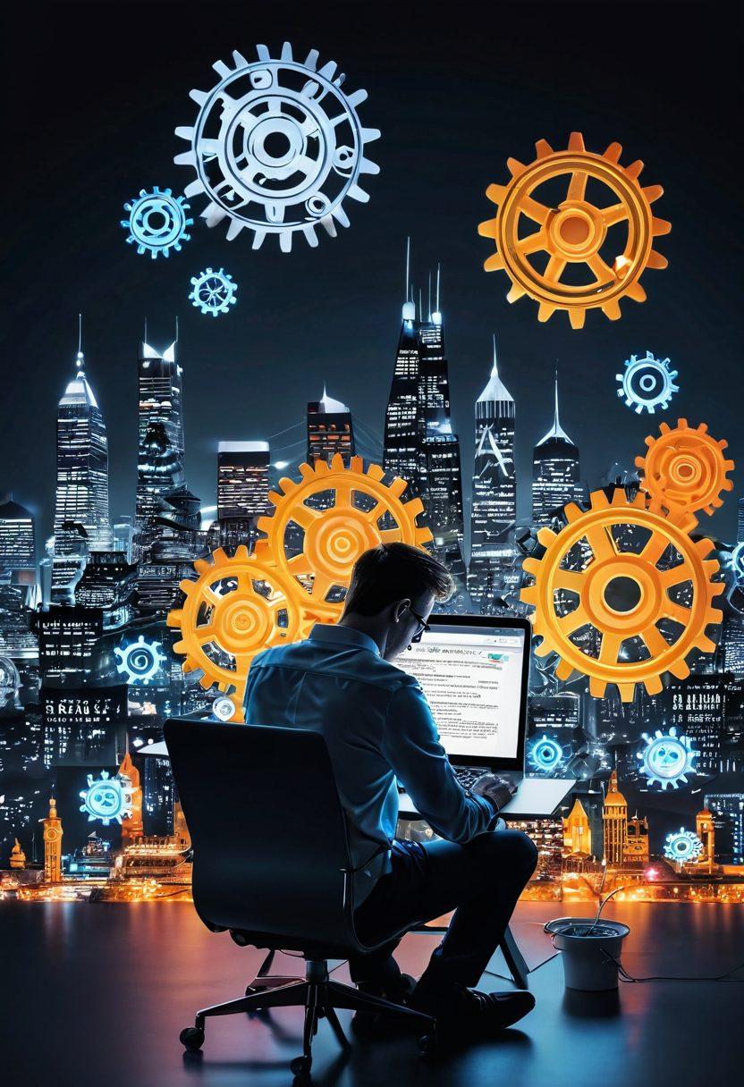 An intricate layout depicting a person working on a laptop surrounded by glowing gears symbolizing SEO and content marketing strategies. Elements like dollar signs, graph charts, and lightbulbs representing ideas float around, with a vibrant city skyline in the background. This scene exudes creativity and entrepreneurship. super-realistic. vibrant colors. white background.