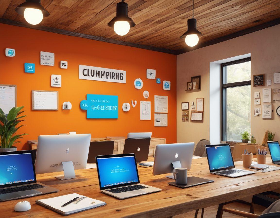 A visually engaging scene depicting a diverse group of bloggers brainstorming and collaborating around a large wooden table filled with laptops, notebooks, and steaming coffee cups. Surrounding them are floating icons representing niche blogging, guest posting, and online success, like upward arrows, globes, and exclamation marks. The background features a cozy, bright office space with motivational quotes on the walls. super-realistic. vibrant colors. 3D.