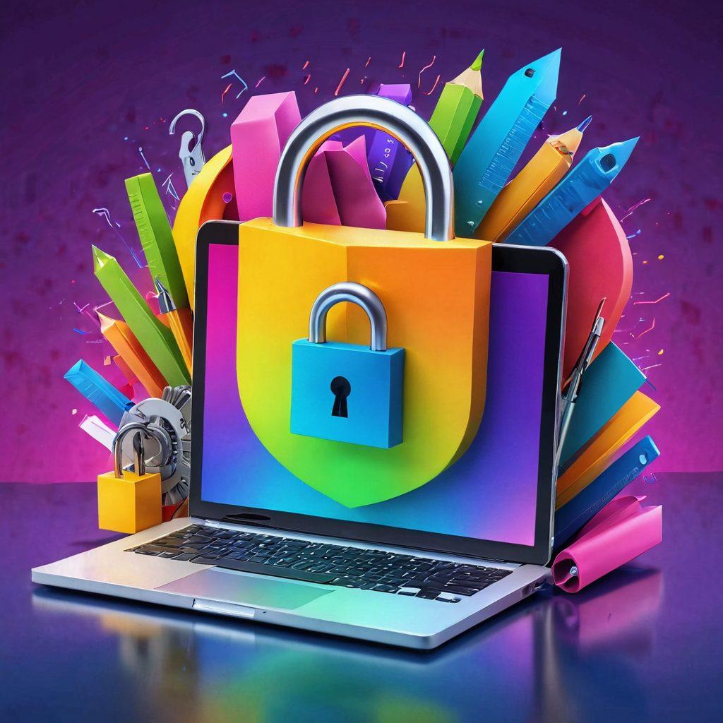 A visually engaging illustration of a padlock being opened, with various blogging tools like a laptop, pen, and notepad emerging from the lock, symbolizing success and creativity. The background should feature a vibrant gradient representing growth and inspiration, with icons for social media platforms and graphs showcasing analytics. super-realistic. vibrant colors. 3D.